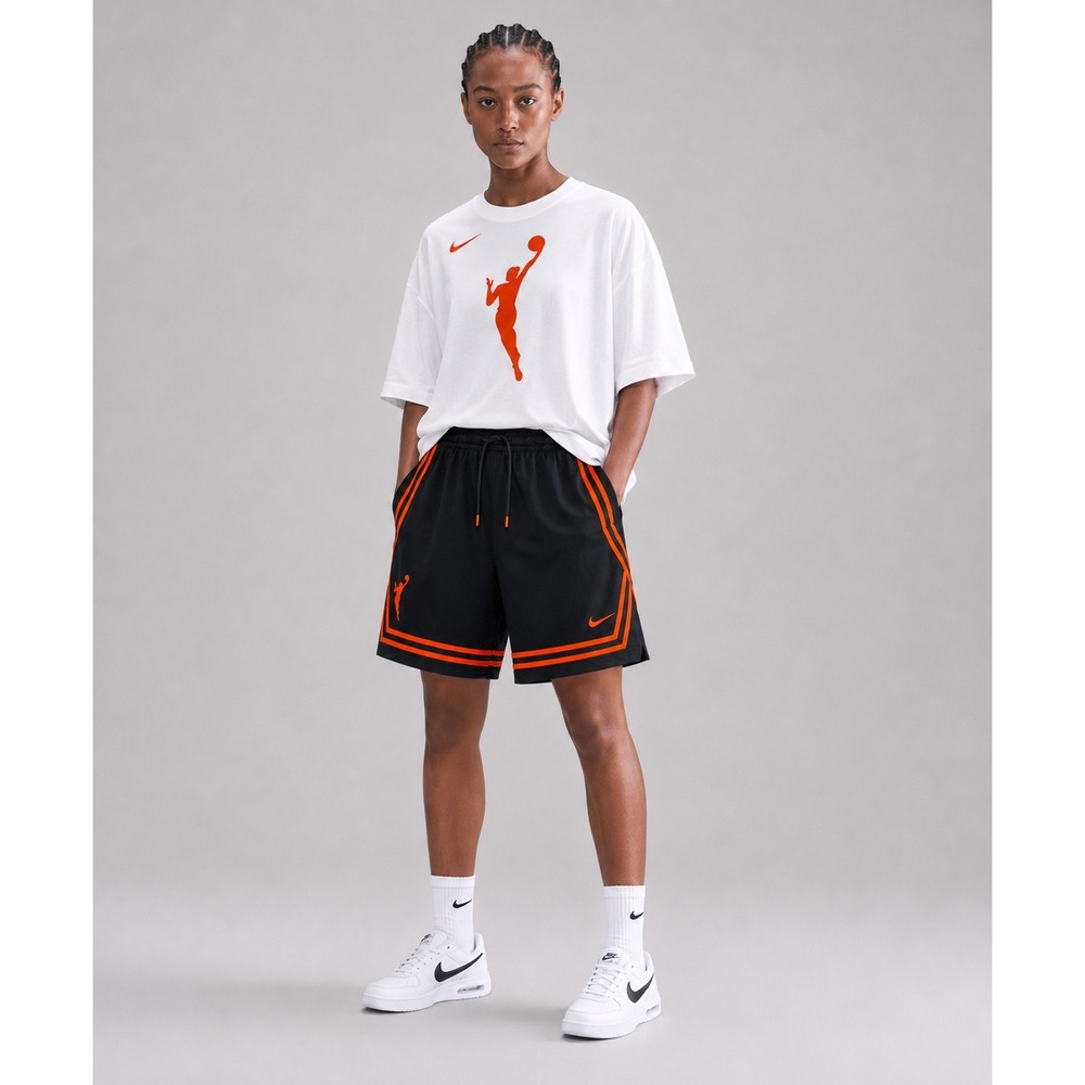 NIKE WNBA Basketball Shorts Women L Black Orange Striped Mesh Activewear